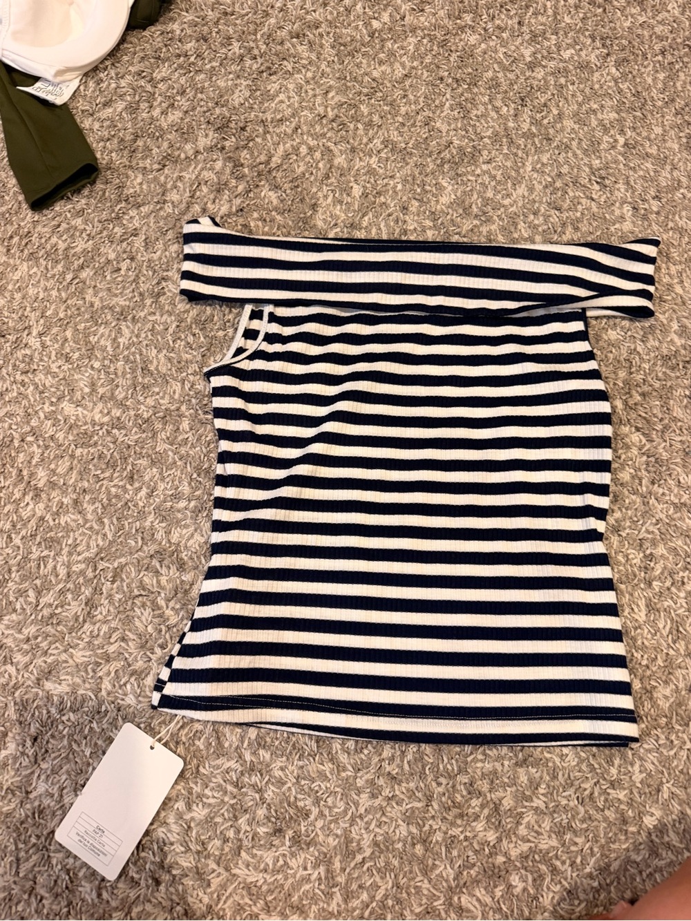 SHEIN Navy and White Off-Shoulder Striped Top